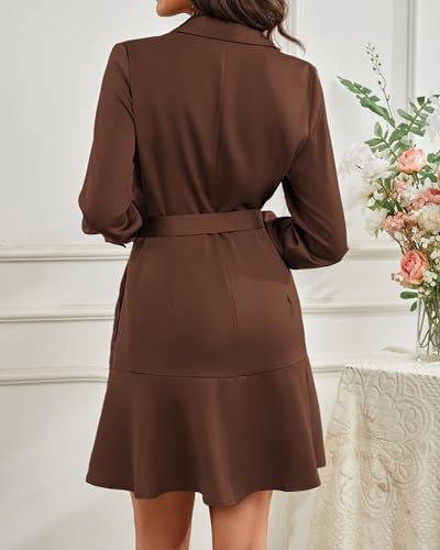 Image of Women's Long Sleeve Button Up Midi Belt Shift Collar Dress with Pockets for Work Office Business
