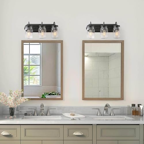 Image of LOG BARN Bathroom Wall Light Fixtures, 3-Light Black Farmhouse Mason Jar Vanity Light Over Mirror for Hallway, Bedroom, Kitchen, and Living Room