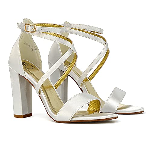 ESSEX-GLAM-Womens-Bridal-Footwear-For-Wedding-Ladies-Ankle-Strap-Sandals-Block-Heel-Ivory-Shoes