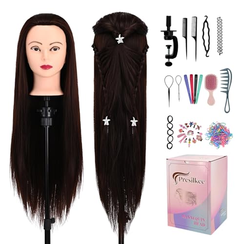Tête à coiffer de 71 cm, avec fibre synthétique, pour entraînement de coiffure, pour tresser, couper, faire des exercices de coiffure, avec support et kit d'outils de coiffure (marron foncé)