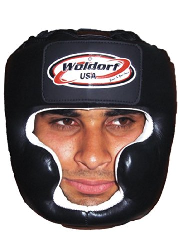 Woldorf USA Boxing Head Guard in Leather with Chin Protection,Sparring MMA (Black, Large)