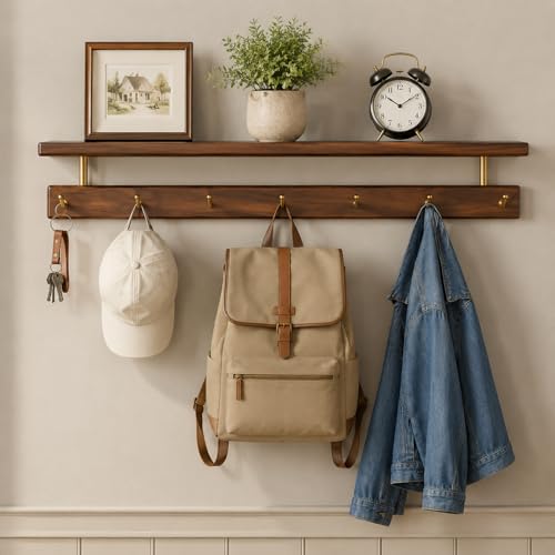Vadisun Black Walnut Wall Shelf with 7 Brass Hooks – Entryway Coat Rack, Hanging Storage for Hats, Clothes, Towels, Bags, Natural Wood Finish