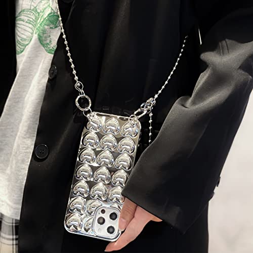 Reezaddin 3D Love Heart Plating Silver Phone Case Compatible With Iphone 13 Pro Max With Crossbody Chain Neck Lanyard Bling Glitter Soft Protective Girls Women Cover For Iphone 13Promax 6.7" #TOP11
