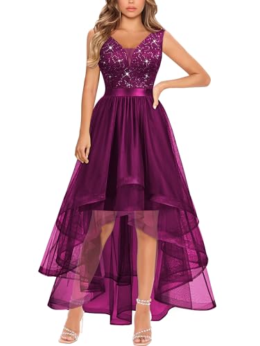 Miusol Women's V-Neck Elegant Sequin Lace Ruched Sleeveless Hi-Lo Party Dress