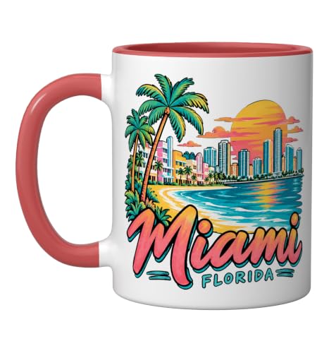 Hand Drawn Miami Florida Travel Souvenir Landmark Gift Ceramic Mug, Red/White, 11oz