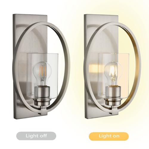 Image of Vintage Wall Sconce with Glass Shade, 1-Light Brushed Nickel Farmhouse Wall Lights, Dimmable Bathroom Vanity Light for Mirror Hallway Living Room Bedroom (Nickel)