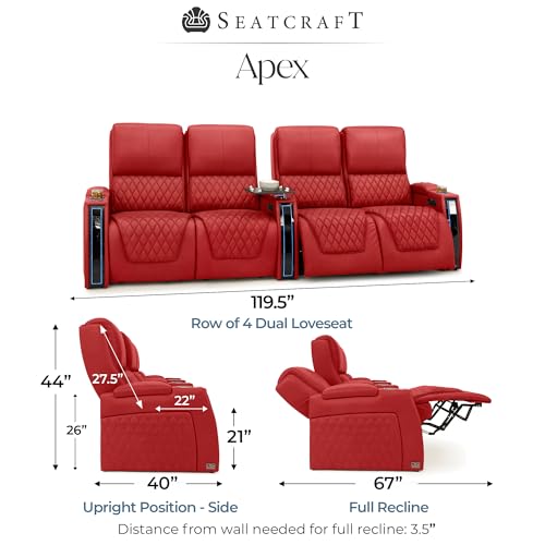 Image of Seatcraft Apex Red Italian Leather Home Theater Seating, Zero Gravity Power Recliner Chair, Powered Headrest and Lumbar Gaming and Lounge Sofa Furniture for Cinema Room, Row of 4 Dual Loveseats