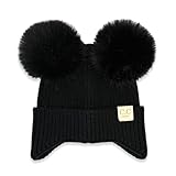 C.C Baby Double Fur Pom Pom Beanie with Ear Flap for Boys Girls - Comfortable Soft Warm Infant Toddler Baby Knit Skully Hat with Faux Fur Pom Pom (Black)