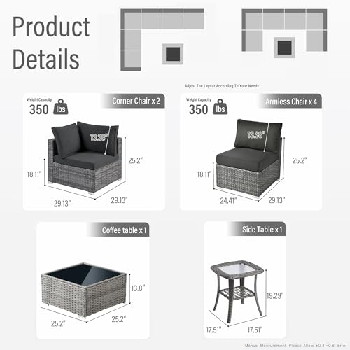 HOOOWOOO Patio Outdoor Sectional Furniture Sofa Set,7 Piece U Shaped Corner Wicker Rattan Couch Set,Rustic 6 Persons Summer Patio Conversation Set for Outside Porch Deck Garden(Black)