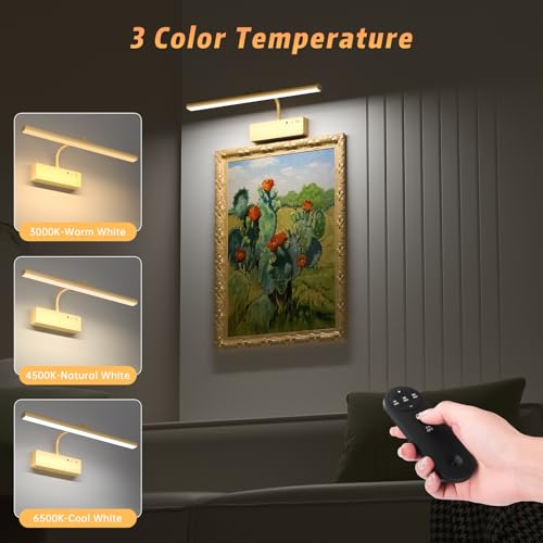 Lightbiz Picture Light, 15.35inch 5400mAh Rechargeable Picture Lights for Wall Battery Operated Wall Lights with Remote, 3 Colors Paintings Light Dimmable Art Light for Artwork, Gallery (Gold)