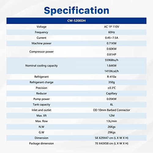 Cloudray Industrial Water Chiller Cw-5200Dh 6L 0.81Hp 3.43Gpm Water Cooling System For 60W 70W 80W 90W 100W 120W 130W 150W,Co2 Laser Engraving & Cutting Machines,Cools 5596 Btu/H(Upgraded 5200Dg ) #TOP5