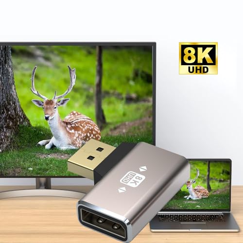 VMOJO Adapter Złącza DisplayPort, Obudowa ze Stopu 8K UHD HDR Displayport (DP) 1.4 90 Stopni Wtyczka Prostokątna na Gniazdo Przedłużacz Konwerter Wtyczki Przedłużającej 60 Hz/4K 144 Hz