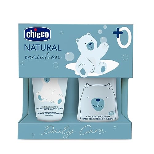 Chicco Set Cosmética Natural Sensation, Incluye Champú y Baño Sin Lágrimas 200 ml y Crema Hidratante Corporal 150 ml para Bebés, Idea de Regalo