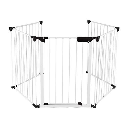 Barrera de escalera grande versión 310 cm, barrera de protección chimenea, 5 paneles, premontado, valla de chimenea plegable, puerta incluida, color blanco