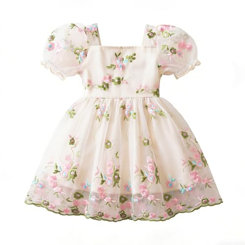 Image of NNJXD Baby Girl Floral Embroidered Tulle Dress Toddler Princess Party Dress Infant Birthday Wedding Pageant Gown 2214 Yellow 12-18 Months