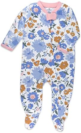 HonestBaby Baby Girls' Organic Cotton Footed Sleep & Play Pajamas, Painterly Floral Blue, Newborn