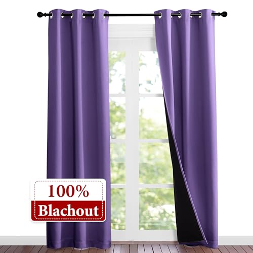 Image of NICETOWN Lilac Purple Full Shade Curtain Panels, Pair of Thermal Insulated & Energy Efficiency Blackout Curtains for Living Room Windows, Lined Silky Performance Window Dressing (37 inch Wide x 84 inch Long)
