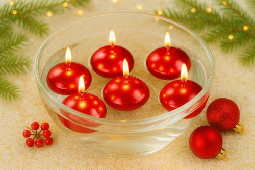 Marco Paul Christmas Traditional Floating Candles Christmas Red (Set of 6) - Xmas Non Scented Wax Tealights Indoor Xmas Decorations, Living Room, Wedding Decor (10cm x 10cm Each)