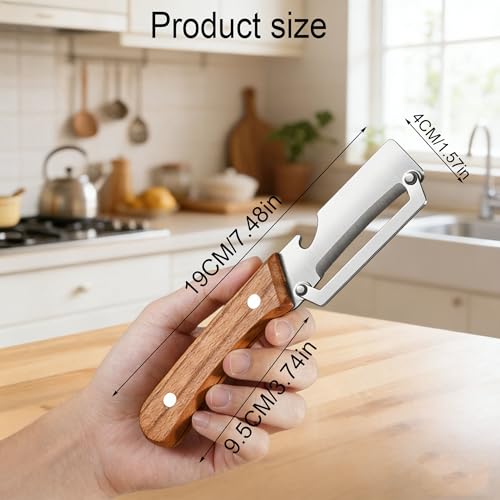 2 Stück-Pack Multifunktionaler Küchenschäler, 3-in-1-Obst und Gemüseschäler mit Flaschenöffner, Holzgriff, Edelstahl-Gemüseschäler, Universeller Schäler für Äpfel, Kürbisse, Küchenwerkzeuge (2 Pcs)