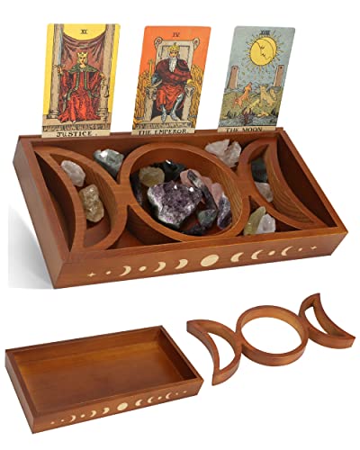Crystal Tray for Stones, Triple Moon Gemstone Holder Box, 3 Tarot Card Stand for Affirmation Cards, Wicca Display, Detachable Rocks, Essential Oil Organizer, Witch Altar Gift (Brown)