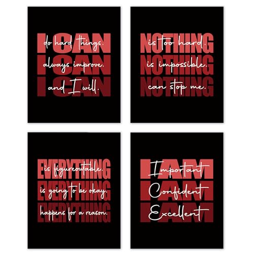 TLESKE Black Red Inspirational Posters Prints Unframed 8x10 Set of 4, Motivational Wall Art Prints Decor for Teen Girls Dorm Room Office Bedroom, Positive Affirmations Wall Pictures
