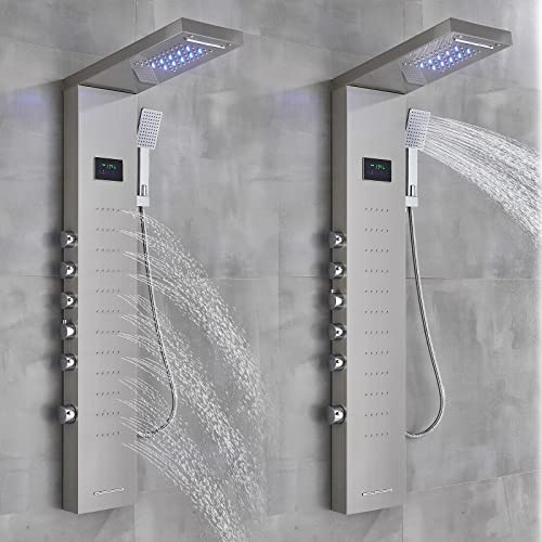 Panel de ducha de lluvia en acero inoxidable con luces LED, sistema de torre con chorros de masaje corporal miniatura 6