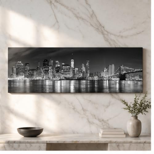 Wieco Art New York Manhattan Night View in Black and White Giclee Canvas Prints Modern Stretched and Framed Art work Cityscape Pictures Paintings on Canvas Wall Art for Bedroom Home Decorations - Image 4