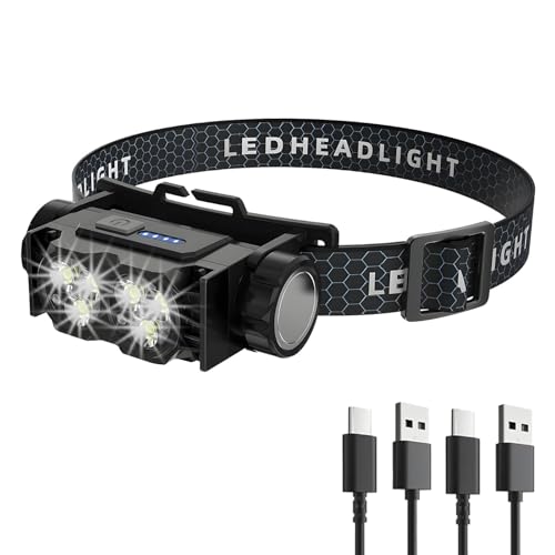2-Pack LED Headlamp Rechargeable – Super Bright Magnetic Headlight with Type-C Fast Charging, Waterproof, Real-Time Power, Lightweight, 120° Adjustable Beam, Compact for Camping, Hiking, Work, Black
