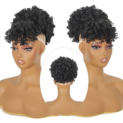 Yuanqing Hair Afro Puff Drawstring Ponytail With Bangs Pineapple Updo Hair For Black Women, Short Kinky Curly Ponytail Bun (1B), 1.0 Count #TOP1