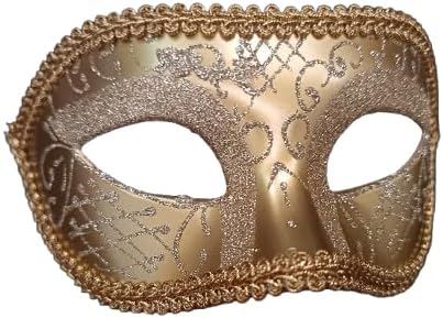 Venetian Masquerade Eye Mask, Gold with Silver Glitter Detail | Decorative Braid Trim, Half Face Design, Costume Accessory, Ornate Scrollwork, Mardi Gras Party