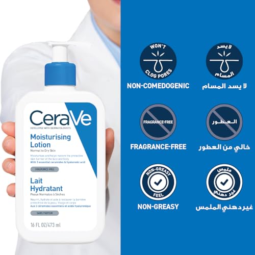 CeraVe Moisturising Lotion 473ml – Family-Size Lightweight Face & Body Lotion with 3 Ceramides & Hyaluronic Acid, 24-Hour Hydration for Normal to Dry Skin, Fragrance-Free Value Bottle