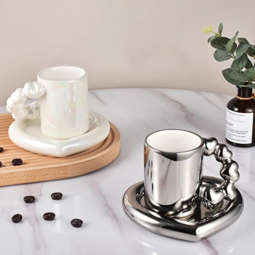 Koythin Ceramic Coffee Mug With Saucer Set, Cute Creative Electroplated Cup With Gourd Handle Love Heart Shape Design For Office And Home, 10 Oz/300 Ml For Latte Tea Milk (Elegant Silver) #TOP3