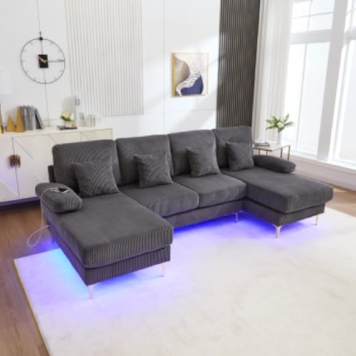 A ALFRESCOOL Moderno sofá U con iluminación LED ambiental, marco de madera maciza, 4 cojines de lujo y respaldo ergonómico premium (gris)