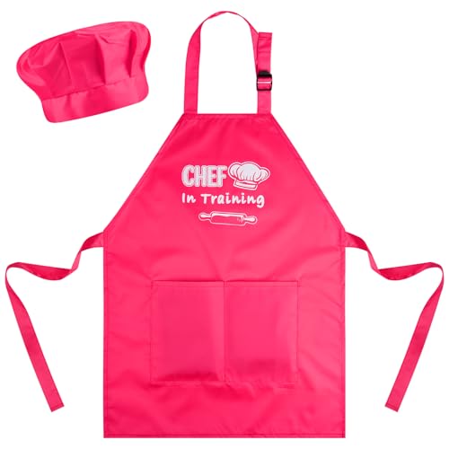 Bouiexye Kids Apron and Chef Hat Set Adjustable Child Aprons with 2 Large Pockets for Girls Boys Cooking Baking Painting Gift (Rose-red)