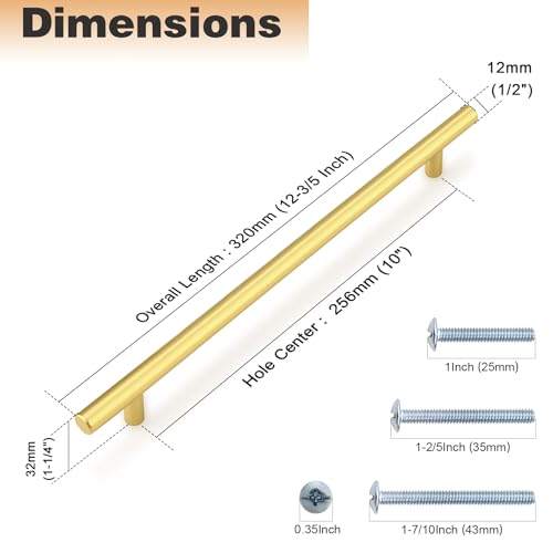 Image of Probrico 30 Pack 10 Inch Center-to-Center Kitchen Cabinet Pulls T Bar Gold Cabinet Handles Modern Drawer Hardware Dresser Pulls, 12-3 /5 inch Total Length
