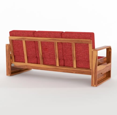 Image of Solid Sheesham Wooden 5 Seater Sofa Set for Living Room | Sofa Set with Side Pocket Storage & Cushion | Rosewood Sofa Set for Home (Honey with Red Cushion, 5 Seater)