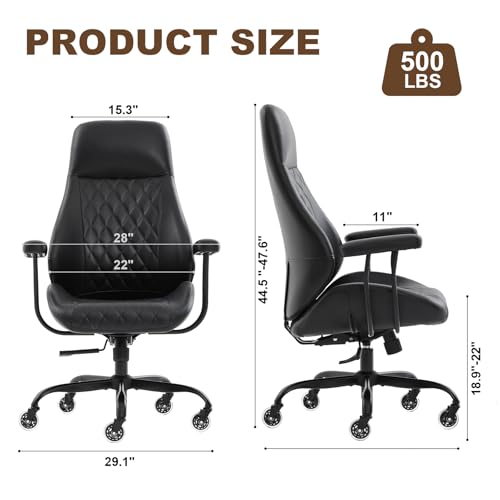 Image of Office Chair with Rubber Wheels, Ergonomic Computer Chair 500 lbs, Leather Desk Chair with Lumbar Support, Executive Chair Adjustable Height & Recline, Black | Ergonomic, Lumbar Support, 360 Swivel & Rolling Wheels, Adjustable Height, for Adults & Women