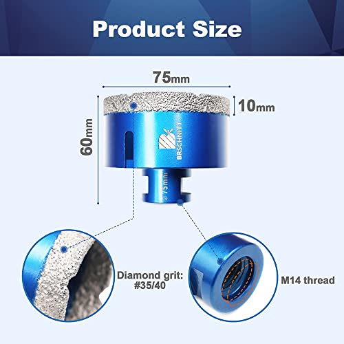 Diamond Drill Bit 75mm,BRSCHNITT 1pc M14 Vacuum Brazed Diamond Tip Drill Bit for Tile Porcelain Stoneware Ceramic Marble Granite Drilling,Suitable For Angle Grinders - Image 2
