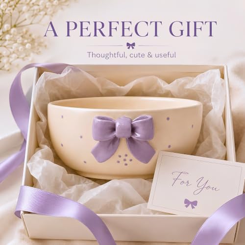 Image of Ceramic Bowl, 3D Lavender Bow Design, 450 ml, Set of 1, Lavender and White, Microwave Safe, Round, for Cereal, Pasta, Dessert, Noodle, Snack and Soup, 1 Ceramic Pasta Bowl