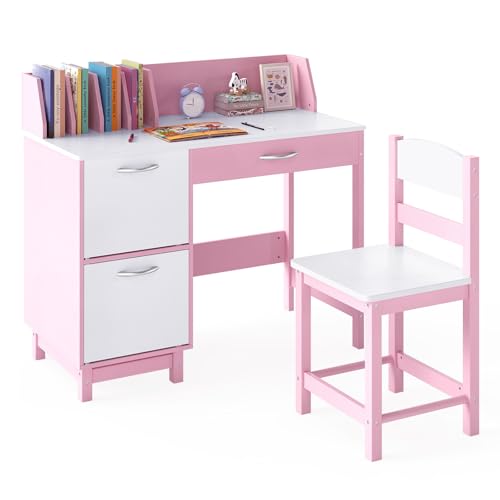 COSTWAY - COSTWAY Kids Desk and Chair Set, Wooden Student Study Table with Drawer, Storage Cabinets & Tabletop Bookshelf, Children Writing Table Chair Set for 3-8 Years Old Boys & Girls (Pink+White) - -7%