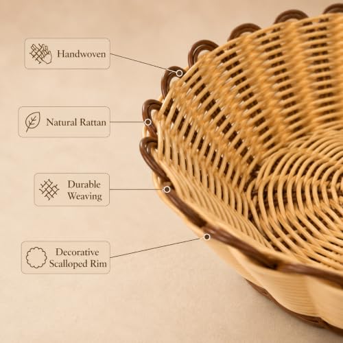 Image of Multi-Use Wicker Serving Basket for Bread, Fruits & Snacks | Round Rattan Style Food Basket | Table Organizer for Home, Restaurants, Cafes & Hotels
