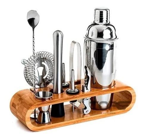 Kit Barman Coqueteleira 500ml Profissional Aço Inox Madeira Filtro Pinça Bicos