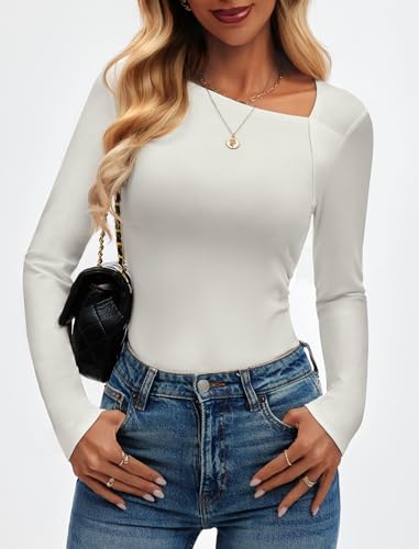 Long Sleeve Shirts for Women Asymmetrical Neck Ruched Side Slim Fit Tops 2025 Fall Trendy Outfits2