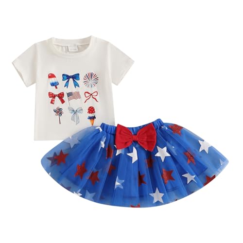 Youweixiong Toddler Baby Girl 4th Of July Outfit Short Sleeve American Flag Bow Popsicle T-Shirt Star Tulle Tutu Skirt Set Summer Clothes (White, 2-3T)