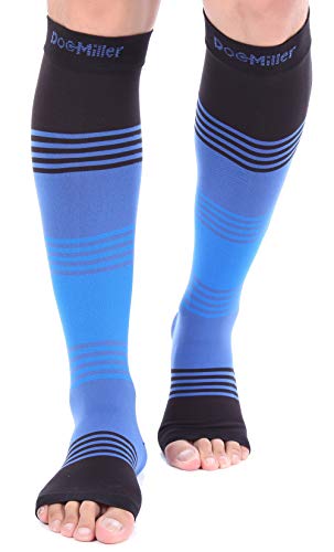 Doc Miller Open Toe Socks – 1 Pair Compression Socks Women & Men 20-30mmHg Support Stockings Airplane Travel DVT Shin Splints Varicose Veins Legging Medical Grade Nurses (Black.Blue.Blue, L)