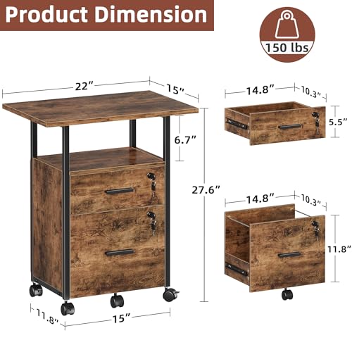 GYIIYUO 2 Wood Drawer File Cabinet with 22\'\' Extended Desktop and Lock, Mobile Filing Cabinet Lockable, Rolling File Cabinet, Printer Stand, Fits A4/Letter Size, Home Office, Rustic Brown - Thumbnail 3