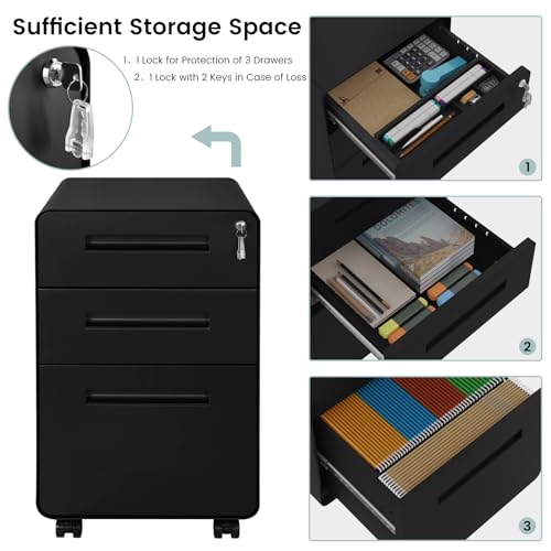 WOLTU Armario Archivador, Cajonera Escritoria Móvil con Ruedas, Gabinete de Oficina con 3 Cajones y Cerradura Mueble Archivador Colgante Carpeta de Gran Capacidad para Carta y Papel A4, Negro ASK04sz - imagen 7