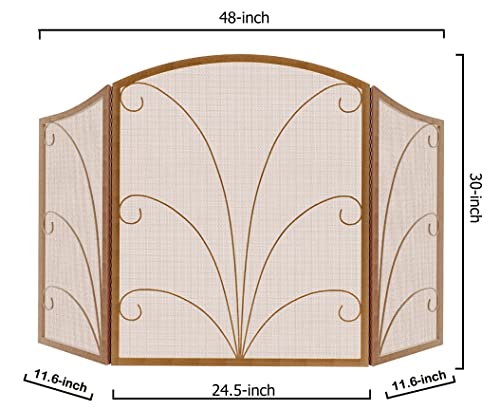 Kingson 3-Panel Arched Childproof Fireplace Screen Decorative, Handcrafted Scroll Wrought Iron Fireplace Spark Guard Cover