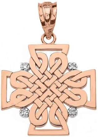 Celtic Woven Cross with Diamond Fine Pendant Real Solid 14Kt Gold