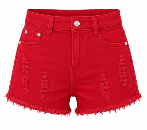 Image of Yu & Me PARIS Womens High Waisted Distressed Denim Shorts with Frayed Hem, Ripped Jean Short with Pockets, Casual Summer for Holiday & Everyday Wear (Red, 6